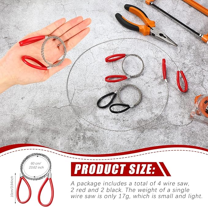 4 Pcs Stainless Steel Cable Saw, Metal Wire Saw Hand Pocket String Rope Saw Emergency Survival Saw PVC Pipe Cutting Tool for Wood Camping Hiking Hunting, Red, Black, 23.62 Inch