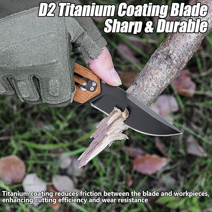 FLISSA Pocket Folding Knife, 3.2” D2 Blade Wood Handle EDC Knife with Button Lock and Pocket Clip for Hunting, Camping, Survival, Outdoor Activities