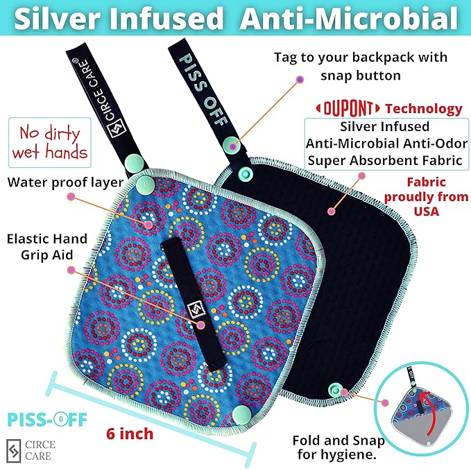 Pee Cloth:Silver Infused Pee rag for Women who Pee Outdoors, Reusable Absorbent Wipes, Eco alt. to Toilet Paper, Female Urination Solution for Camping, Hiking (2pc Combi- BlueDisco+Galaxy)
