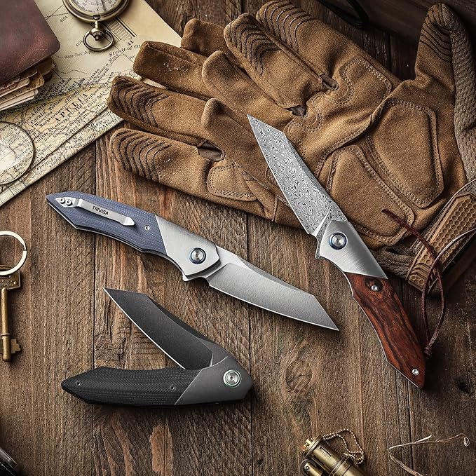 3.5" Damascus EDC Folding Pocket Knife with Clip for Men, Handmade Leather Sheath for Belt,Steel Bolster & Ironwood Handle,Ball Bearings Pivot,Everyday Carry Outdoor,Vul-01