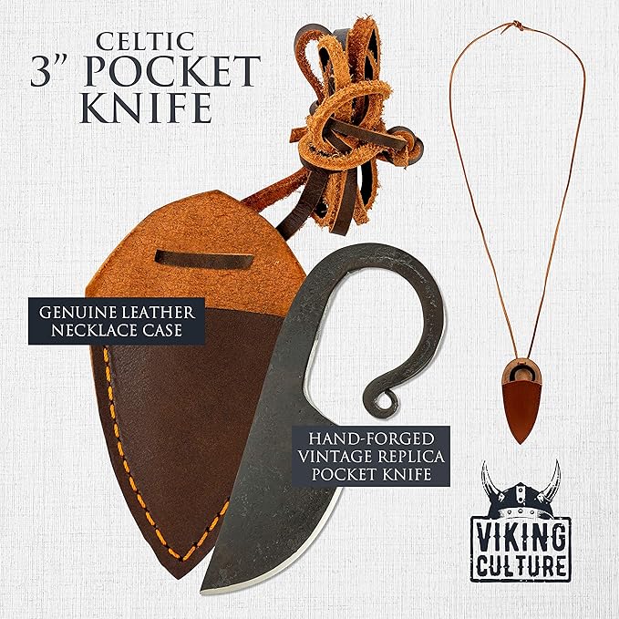 2-Piece Viking Knife Set - 10.3" Raven-Head Viking Knife with 6.5" Blade & Leather Sheath - 3" Celtic Pocket Knife with Necklace Case - Sharp Hand-Forged Real Carbon Steel