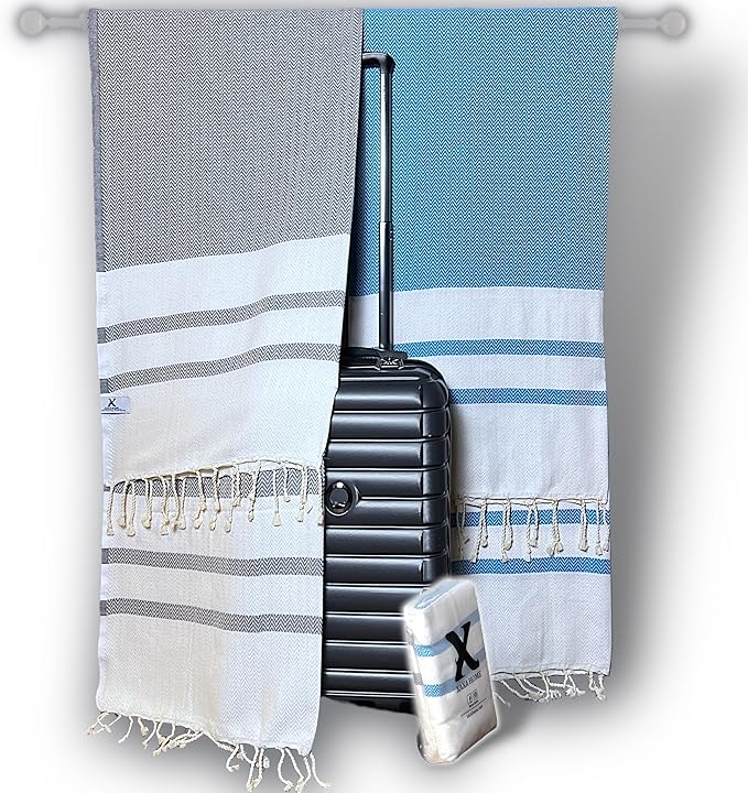 2 Set Oversized Turkish Bath Towel Sheets for Adults XXL Bathroom Extra Large Luxury Cotton Pool Peshtemal Washable Good Texture, Absorbency, Softness (Turquoise Blue and Silver Gray)