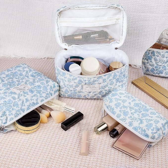 3pc Makeup Bag Set, Quilted Makeup Bag Set, Large Floral Cosmetic Bag for Women, Cute Cotton Makeup Bags, Flower Travel Toiletry Organizer Bag (Green Leaves Blue Flowers)