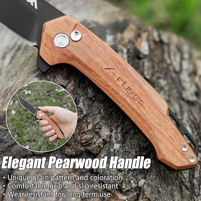 FLISSA Pocket Folding Knife, 3.2” D2 Blade Wood Handle EDC Knife with Button Lock and Pocket Clip for Hunting, Camping, Survival, Outdoor Activities