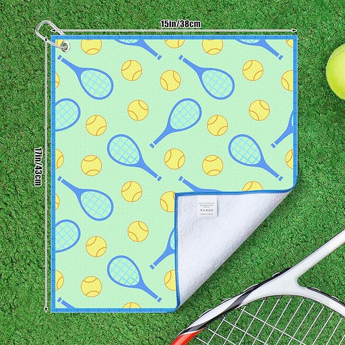 15 x 17 Inch Microfiber and Cotton Sports Towels Athletic Sports Gifts Funny Prints Sports Themed Gifts with Hook Clip for Men Women Sports Gym Accessories (Green,Tennis)