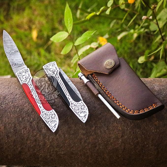 3Pcs Damascus Steel Pocket Knife with Clip and Leather Sheath - EDC Knife for Outdoor and Camping Activities, Handmade Folding Knife, Free knife Sharpner (Vulture Red Eye)