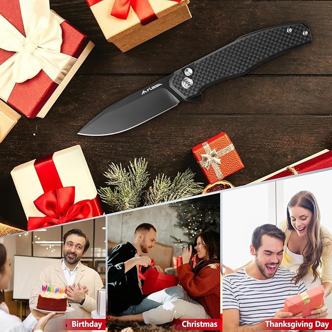FLISSA Folding Pocket Knife, 4.5" Carbon Fiber Handle EDC Knife with D2 Steel Blade, Button Lock and Pocket Clip, Tactical Knives for Men Women, Uesd for Outdoor, Survival, Hunting and Camping