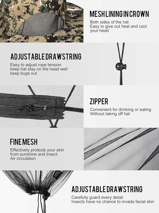 2 Pieces Mosquito Head Mesh Mosquito Cap Net Hat Face Cover with Zipper Foldable Fly Protection Netting Hat for Fishing Hiking Gardening
