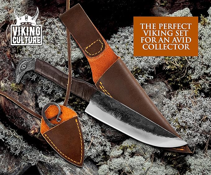 2-Piece Viking Knife Set - 10.3" Raven-Head Viking Knife with 6.5" Blade & Leather Sheath - 3" Celtic Pocket Knife with Necklace Case - Sharp Hand-Forged Real Carbon Steel