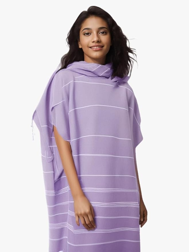 1pcs Large Turkish Cotton Poncho Towel Surf Poncho Changing Towel Robe with Hood and Front Pocket Absorbent Wearable Towel Hooded Beach Towel for Adult Man Women Beach Pool (Purple, Medium)