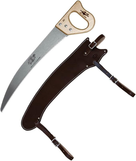 19" Fanno Trail Saw with Premium Leather Scabbard & Cut-On-The-Pull Curved Blade, Pack Saw used for Hunting, Camping, Trail-Riding & Bushcraft; 19"