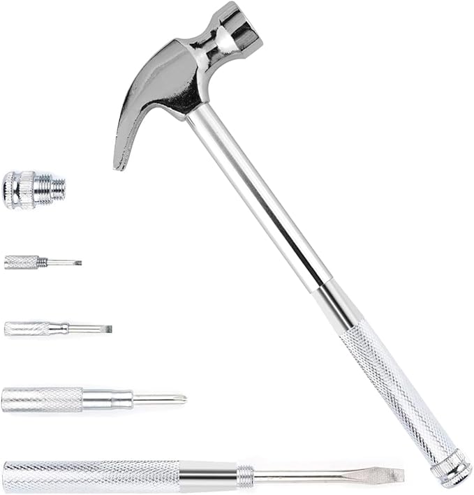 6-in-1 Metal Multifunction Hammer & Screwdriver Hand Tool Set Including Cross & Flat Screwdriver for Opening Walnuts, Wall Hanging, Nice Little Gifts (argent)