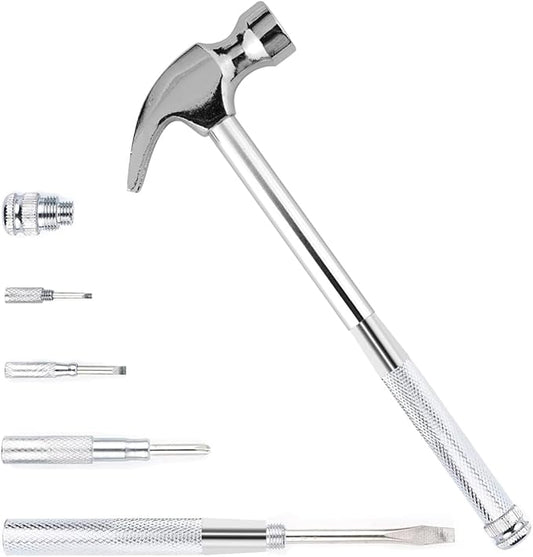 6-in-1 Metal Multifunction Hammer & Screwdriver Hand Tool Set Including Cross & Flat Screwdriver for Opening Walnuts, Wall Hanging, Nice Little Gifts (argent)