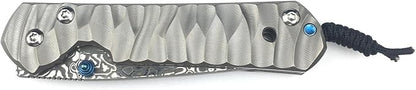 6.7 Inch Damascus Folding Knife with Pocket Clip, 2.6 Inch Damascus Blade with Titanium Alloy Handle, Sebenza Knife Folding Pocket Knife with Frame Lock, Thumb Stud for EDC Camping