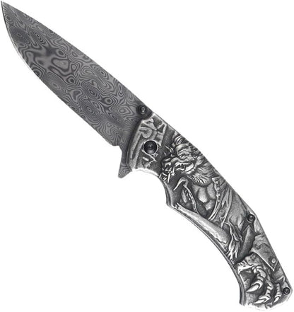 3D embossed folding knife, outdoor knife for camping, barbecue, fishing, cutting (Werewolf)