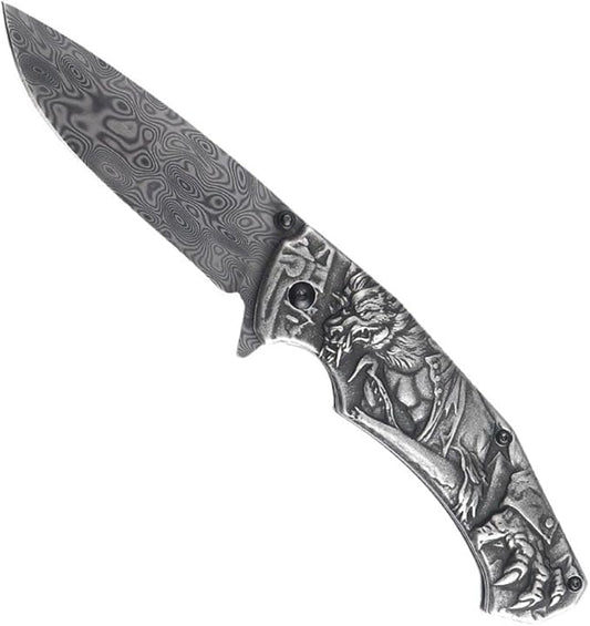 3D embossed folding knife, outdoor knife for camping, barbecue, fishing, cutting (Werewolf)