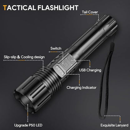 2 Pack Rechargeable Flashlights 10000 High Lumens with Cob Sidelight,Waterproof,Zoomable,5 Modes,LED Flashlight for Emergency Camping Hiking(with Battery)