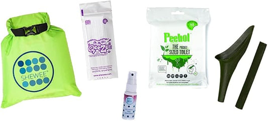 SHEWEE Flexi Travel Pack - Includes Reusable Pee Funnel, Peebol Pocket Sized Toilet, Hand Sanitiser and Dry Bag (NATO Green)