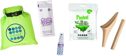 SHEWEE Flexi Travel Pack - Includes Reusable Pee Funnel, Peebol Pocket Sized Toilet, Hand Sanitiser and Dry Bag (Desert Sand)