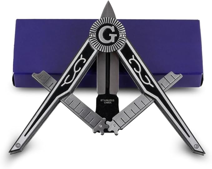 Folding Masonic Pocket Knife, 5.75 inch Closed/ 3.50" Blade Knife When Partially Opened It Forms the Shape of a Compass/Square Masonic symbol Gift for Men for Hunting, Camping, Fishing, Hiking Etc