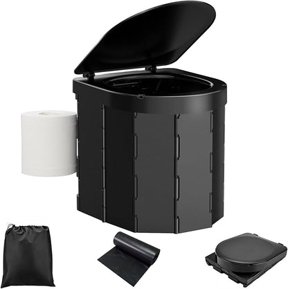 Portable Camping Toilet, Folding Toilet for Adults with Lid and Retractable Toilet Paper Holder, Waterproof Porta Potty with Carry Bag and Disposible Liners for Camping, Hiking, RV Travel, Road Trips
