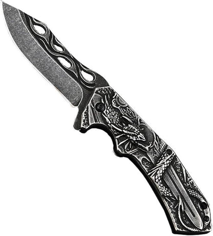 3D embossed folding knife, outdoor knife for camping, barbecue, fishing, cutting (Dragon Sword)