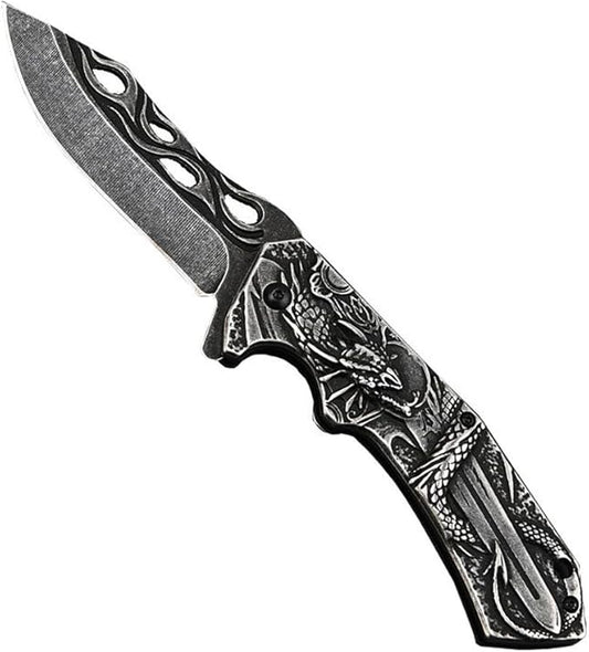 3D embossed folding knife, outdoor knife for camping, barbecue, fishing, cutting (Dragon Sword)