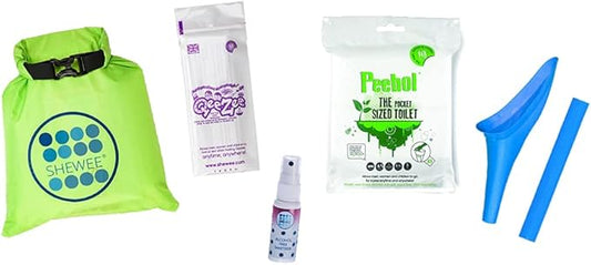 SHEWEE Flexi Travel Pack - Includes Reusable Pee Funnel, Peebol Pocket Sized Toilet, Hand Sanitiser and Dry Bag (Blue)