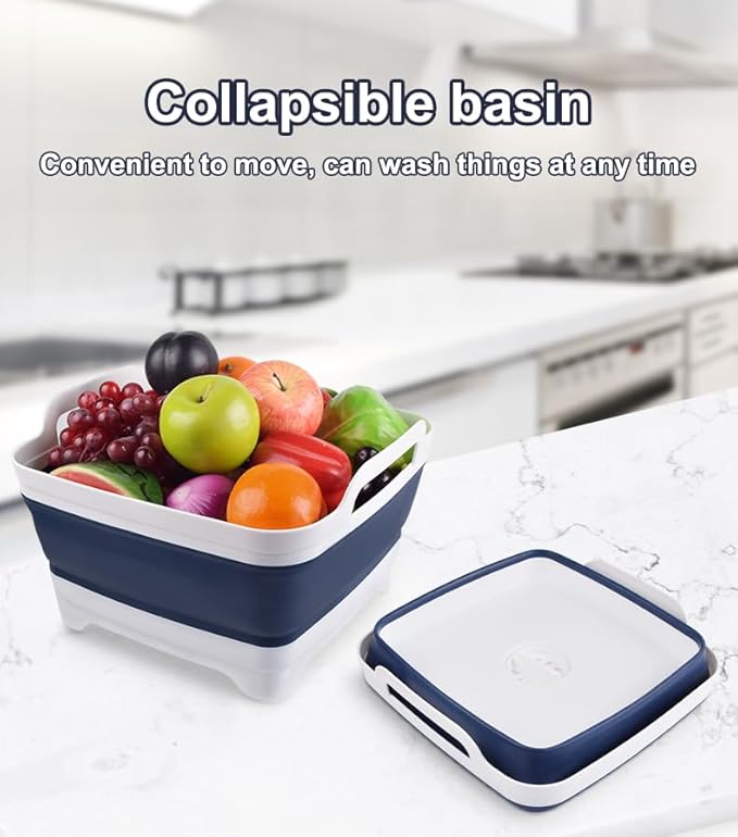 Dishpan for Washing Dishes,9L Collapsible Dish Tub Portable Sink,Wash Basin,Foldable Laundry Tub,Washing Basin with Drain Plug,Dishpan for Kitchen Sink,Camping Dish Washing Tub,Navy blue