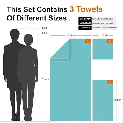4Monster Camping Towels 3 Size at 1 Pack,Quick Dry Microfiber Towel,Beach Travel Towel Ultra Compact,Soft Gym Towel for Hiking Yoga Travel Sports Backpacking Trip and Pool