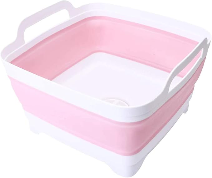 Dishpan for Washing Dishes,9L Collapsible Dish Tub Portable Sink,Wash Dish Basin,Foldable Laundry Tub,Washing Basin with Drain Plug,Dishpan for Kitchen Sink,Camping Dish Washing Tub,Pink