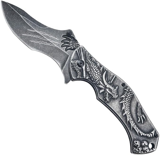 3D embossed folding knife, outdoor knife for camping, barbecue, fishing, cutting (Flying Dragon)