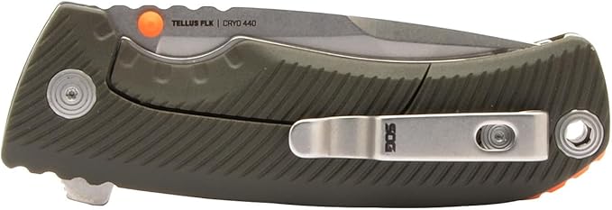 SOG Tellus FLK Daily Outdoor Full-Sized Frame Lock Folding Knives | GRN Handle | CRYO 440C Stainless Steel Blade | Reversible Pocket Clip