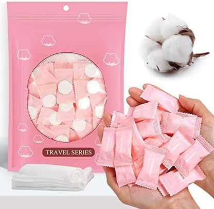 50 Pieces Compressed Towels Tablets, Portable Disposable Cotton Hypoallergenic Dehydrated Expandable Compressed Face Towels Travel Washcloths Coin Tissues for Home Beauty and Outdoors Hiking Camping