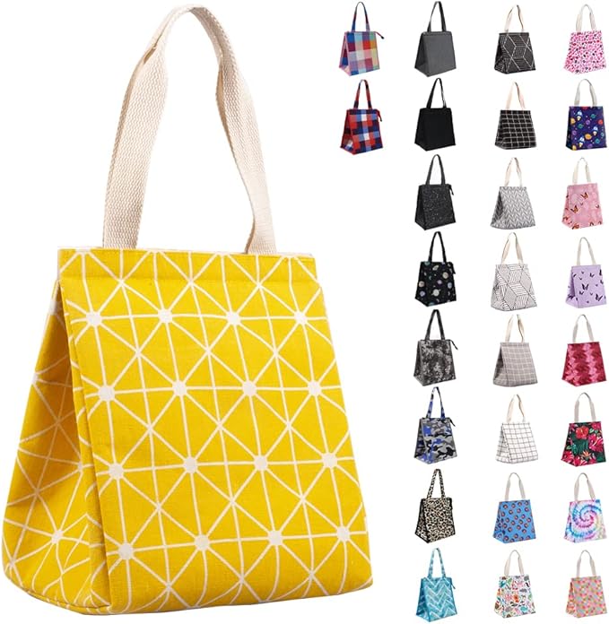 iknoe Insulated Lunch Bag for Women, 9L Sturdy Wide-Open Foldable & Portable Lunch Tote with Interior Pockets, Water-resistant Thermal Lunch Cooler for Adults Picnic Beach (Yellow)