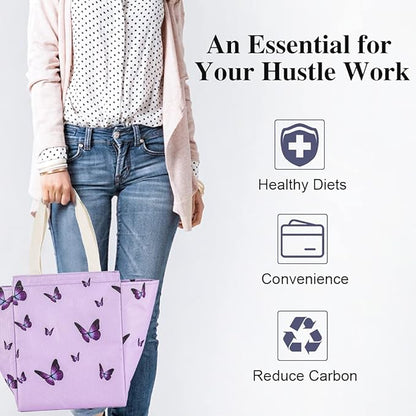iknoe Insulated Lunch Bag for Women, 9L Durable Wide-Open Foldable & Portable Lunch Tote with Interior Pockets, Water-resistant Thermal Lunch Cooler for Adults Picnic Beach (Purple Butterfly)