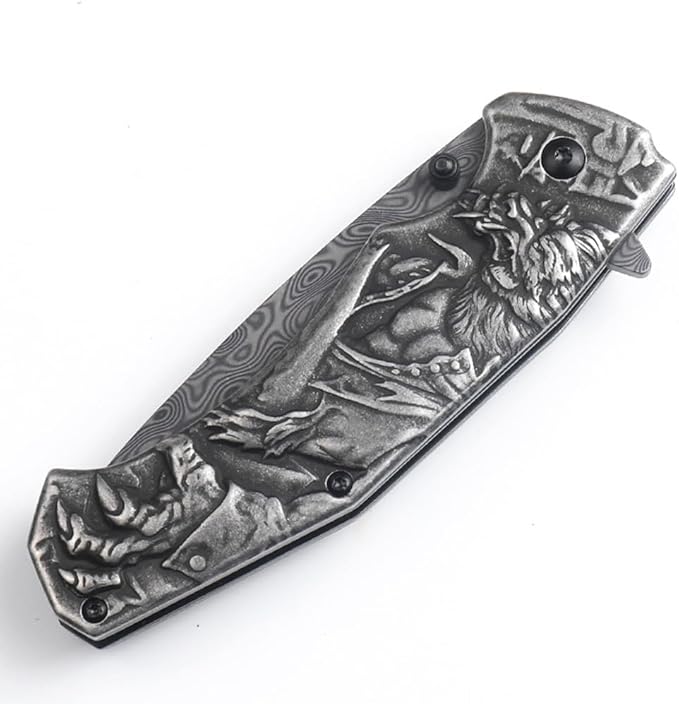3D embossed folding knife, outdoor knife for camping, barbecue, fishing, cutting (Werewolf)
