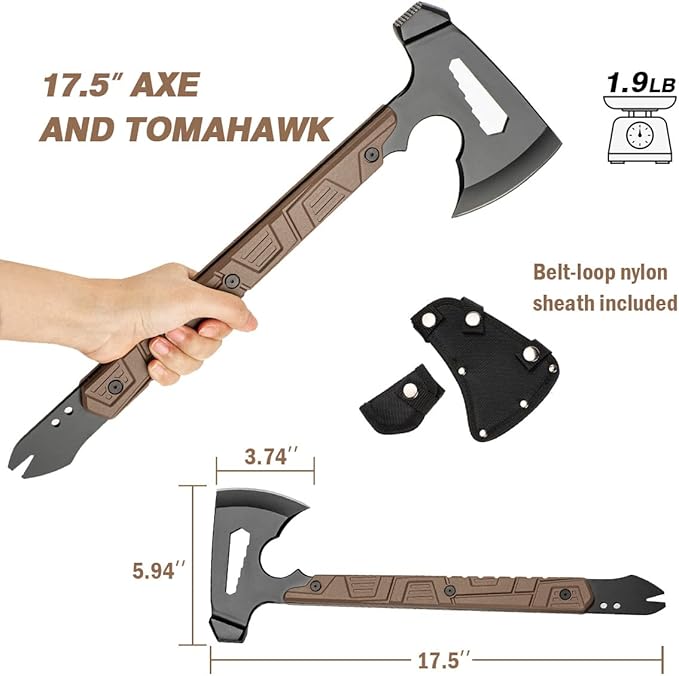 17.5in Full Tang Camping Axe Tomahawk with Nylon Sheath, Tactical and Survival Hatchet with Hammer for Axe Throwing, Outdoor Camping Hiking and Chopping Wood