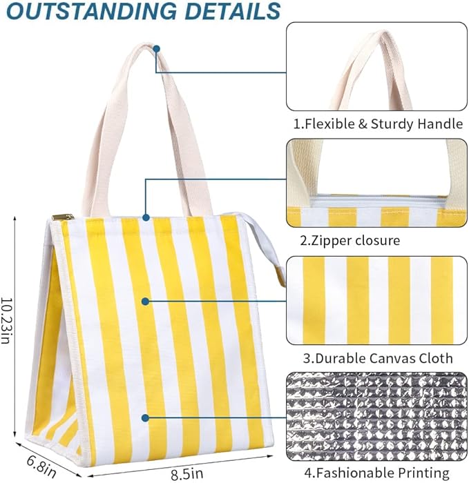 iknoe Lunch Bag Insulated Lunch Bags for Women & Men, 9L Reusable Lunch Tote, Portable Adult Thermal Large Lunch Cooler for Work Picnic Beach (Yellow Stripe)