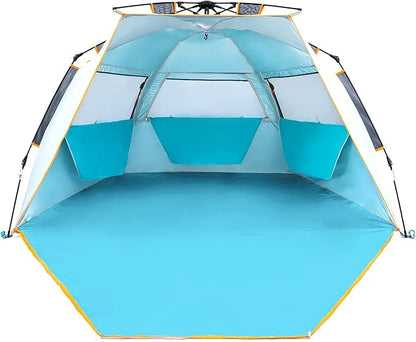 WolfWise 3-4 Person Easy Up Beach Tent UPF 50+ Portable Instant Sun Shelter Canopy Umbrella with Extended Zippered Porch, Blue
