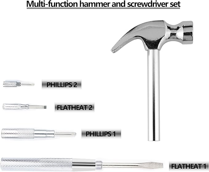 6-in-1 Metal Multifunction Hammer & Screwdriver Hand Tool Set Including Cross & Flat Screwdriver for Opening Walnuts, Wall Hanging, Nice Little Gifts (argent)