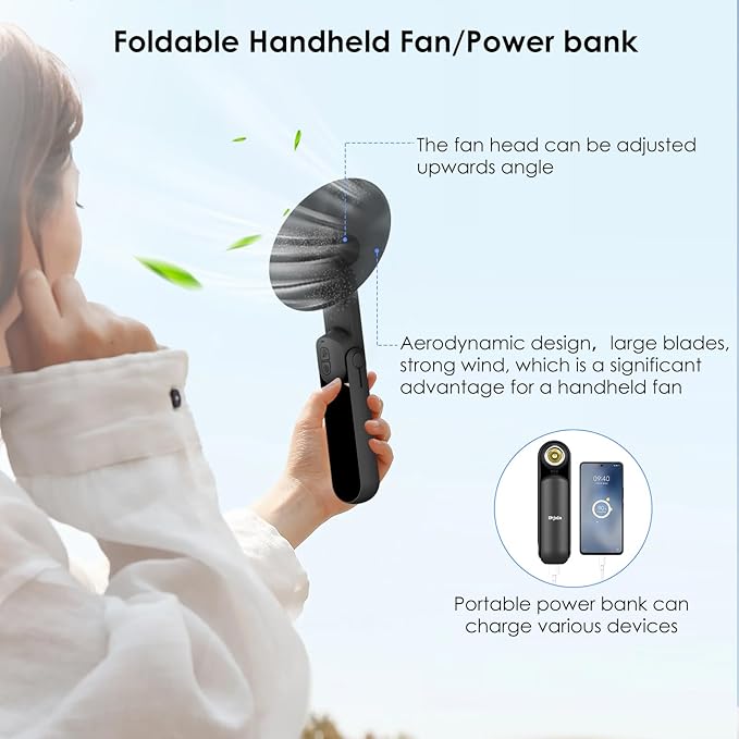 4 IN 1 Portable Handheld Fan,Personal Foldable Cooling Fan, Mini Pocket Fan,Desk Fan,Hand Fan,Flashlight,Power Bank,Table Lamp,Camping Travel Beach Fan, Birthday Gifts for Women Men(Black)
