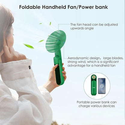 4 IN 1 Portable Handheld Fan,Personal Foldable Cooling Fan, Mini Pocket Fan,Desk Fan,Hand Fan,Flashlight,Power Bank,Table Lamp,Camping Travel Beach Fan, Birthday Gifts for Women Men(Green)