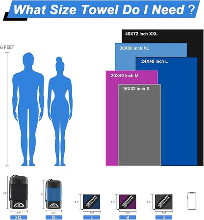 2Pack Camping Towel Microfiber Towel (72 * 40 and 12 * 24 Inch) Sports &Travel Towel Super Absorbent Quick Dry Towel Gym Towel Suitable for Gym,Swimming,Hiking,Travel
