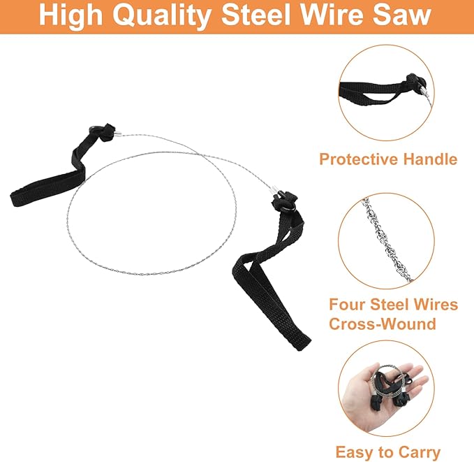 3 Pcs Stainless Steel Survival Wire Saw 21.65 Inch, Garrote Wire Cable Saw String Saw, Emergency Pocket Saw Rope Saw Hand Tool for Wood Cutting Hiking Hunting
