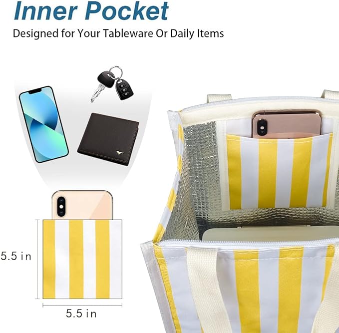 iknoe Lunch Bag Insulated Lunch Bags for Women & Men, 9L Reusable Lunch Tote, Portable Adult Thermal Large Lunch Cooler for Work Picnic Beach (Yellow Stripe)