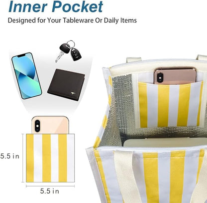 iknoe Lunch Bag Insulated Lunch Bags for Women & Men, 9L Reusable Lunch Tote, Portable Adult Thermal Large Lunch Cooler for Work Picnic Beach (Yellow Stripe)