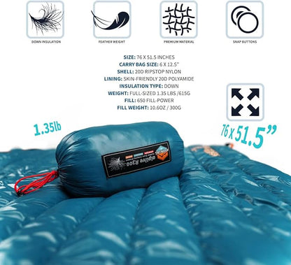 ZOOOBELIVES Ultralight Down Camping Blanket - 1.35lbs, 650 Fill Power Puffy Quilt. Compact & Warm Comforter for Travel, Beach, Hammock, Backpacking - Elevate Your Outdoor Comfort - AlpliveR300