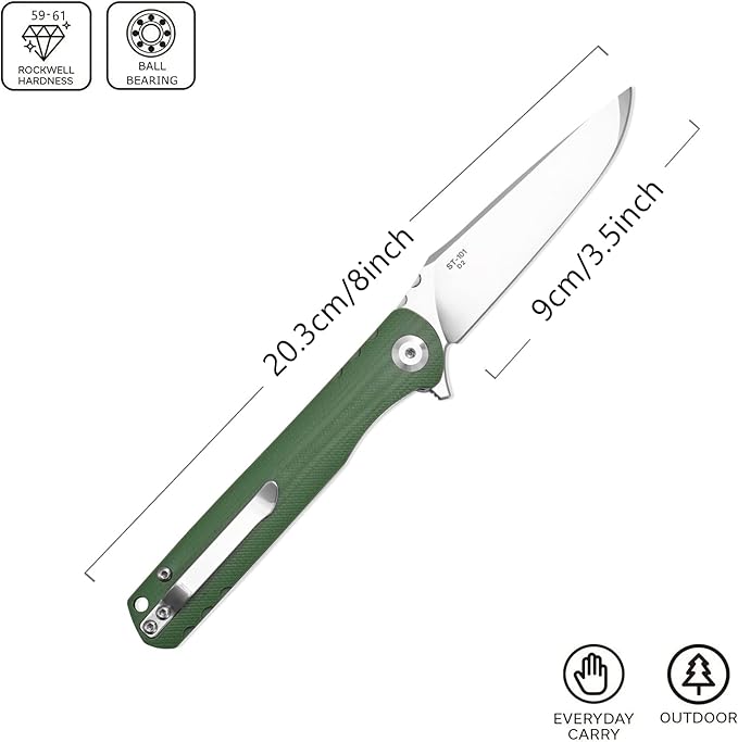 Sitivien ST101 Folding Knife, D2 Steel Blade+G10 Handle Tool Knife, EDC Pocket Knife for Outdoor, Camping, Hunting, Survival (Army green)