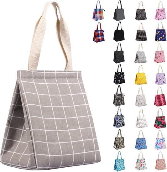 iknoe Insulated Lunch Bag for Women, 9L Sturdy Wide-Open Foldable & Portable Lunch Tote with Interior Pockets, Water-resistant Thermal Lunch Cooler for Adults Picnic Beach (Grey Plaid)